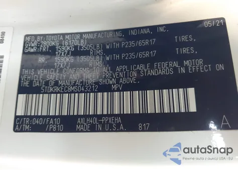 2021 Toyota Sienna Le z USA, uszkodzony, nr VIN 5TDKRKEC8MS043212